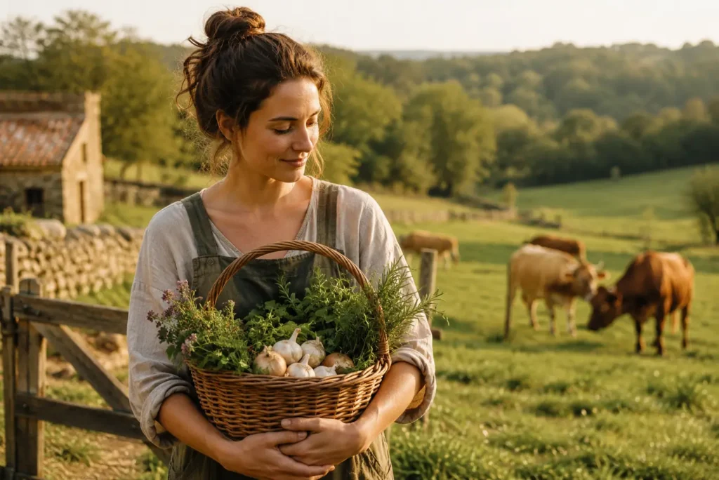 Femme tenant un panier d’herbes et de produits du jardin dans une ferme entourée de pâturages et de vaches.