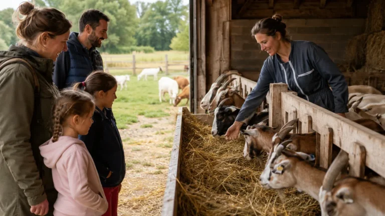 Famille découvrant un élevage de chèvres lors d’une visite à la ferme