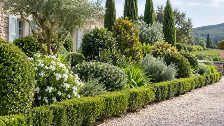 Massif de plusieurs arbustes persistants aux feuillages variés dans un jardin