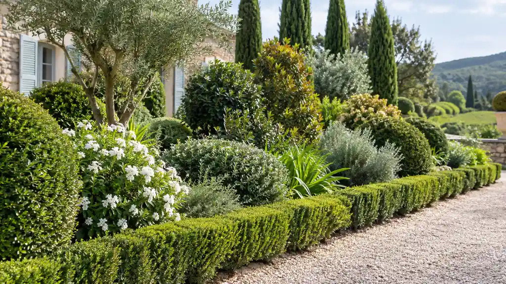 Massif de plusieurs arbustes persistants aux feuillages variés dans un jardin