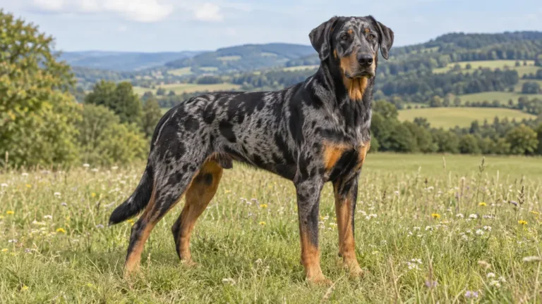 Beauceron arlequin gris noir et feu debout dans une prairie