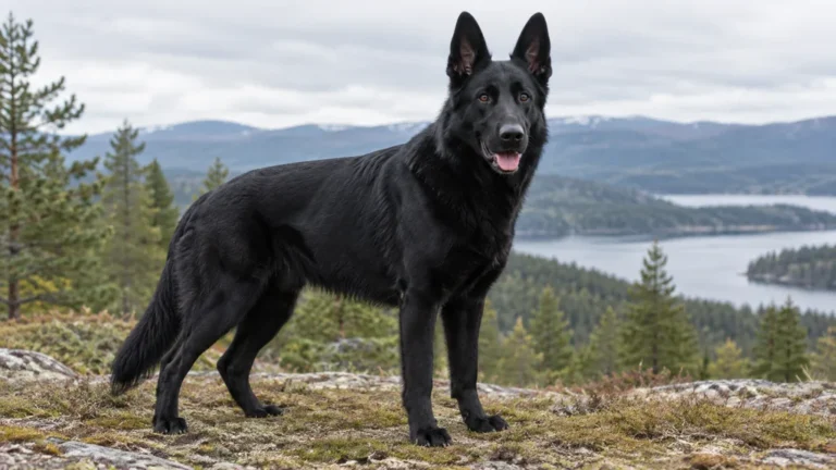 Berger allemand entièrement noir debout face à un paysage naturel