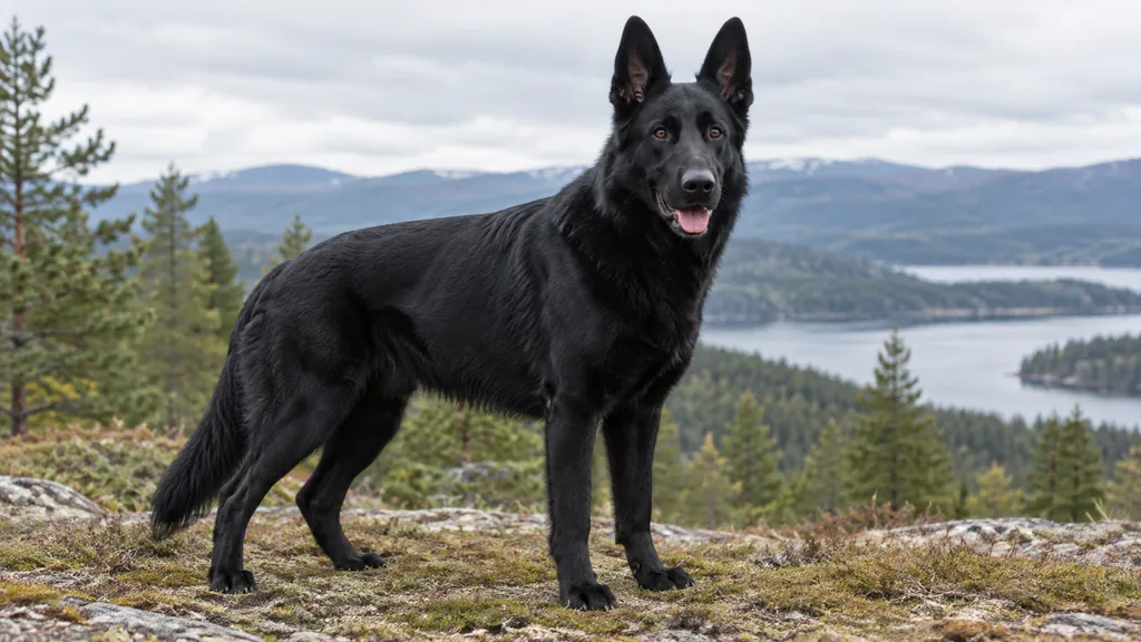 Berger allemand entièrement noir debout face à un paysage naturel