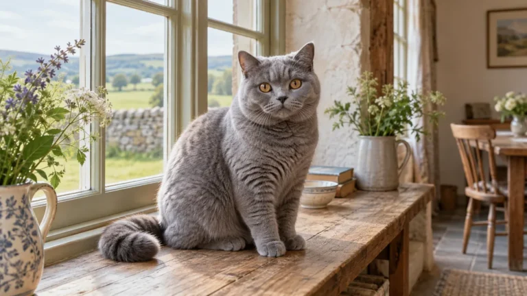 British Shorthair gris assis près d’une fenêtre dans une maison de campagne