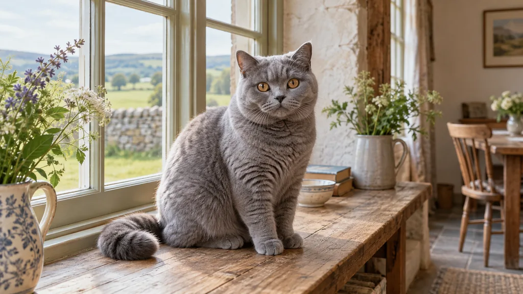 British Shorthair gris assis près d’une fenêtre dans une maison de campagne