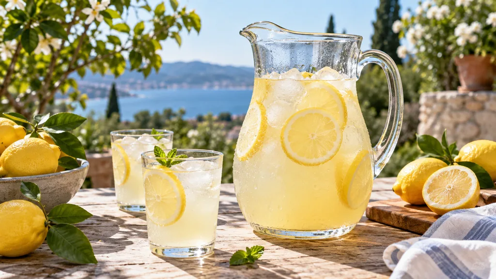 Pichet de citronnade maison avec rondelles de citron et glaçons