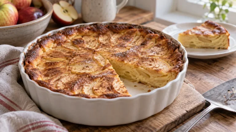 Clafoutis aux pommes doré dans un plat rond avec une part découpée