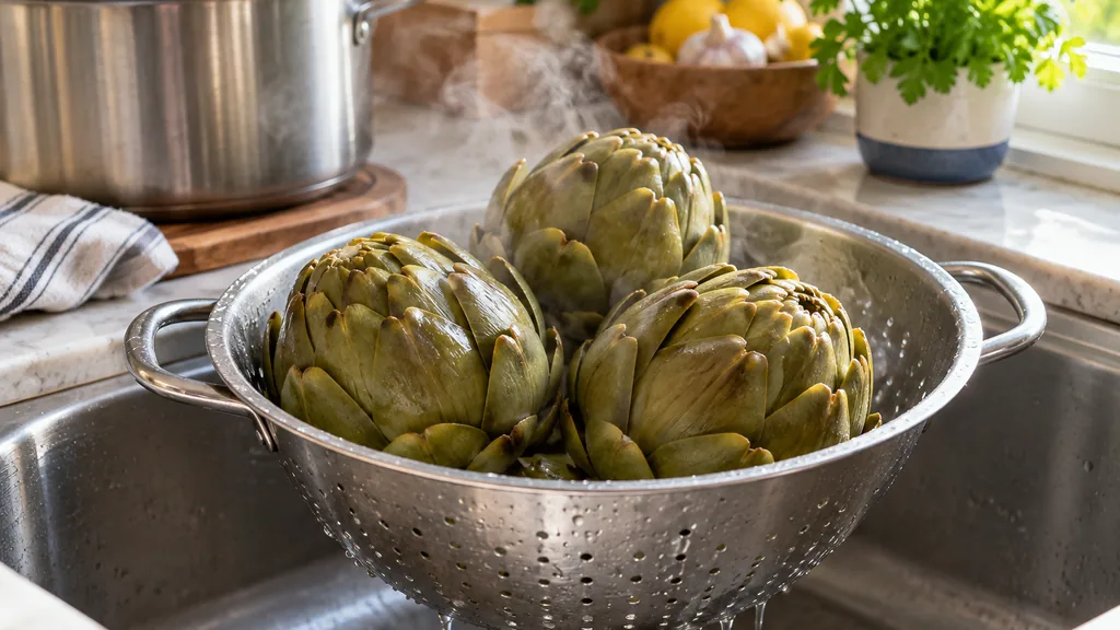 Artichauts cuits en train de s’égoutter dans une passoire de cuisine