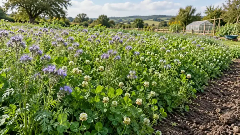 Couvert d’engrais vert composé de phacélie et de trèfle dans un potager
