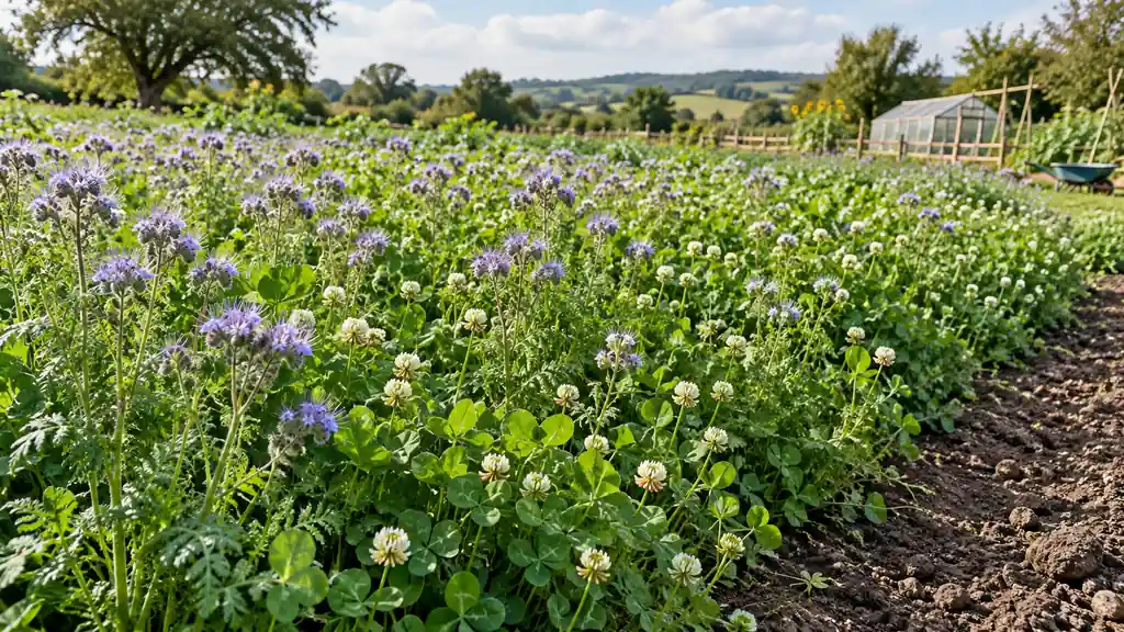 Couvert d’engrais vert composé de phacélie et de trèfle dans un potager