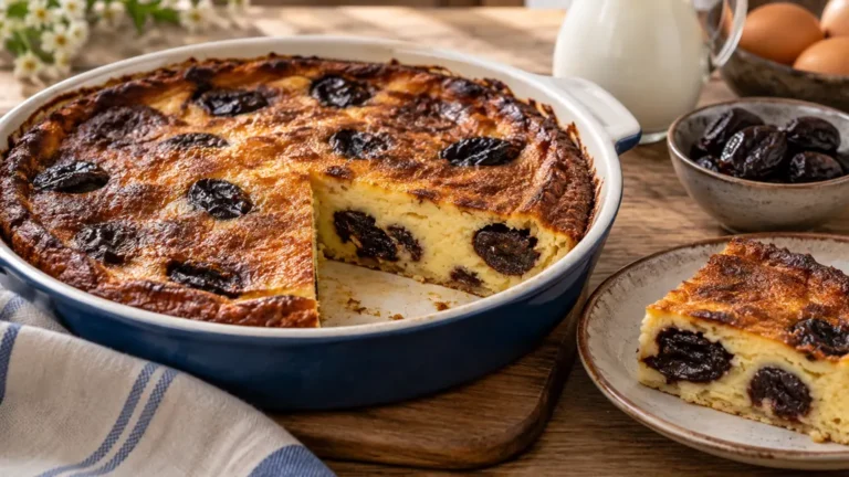 Far breton doré aux pruneaux dans un plat avec une part découpée