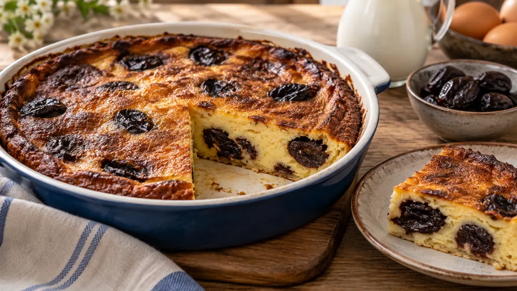 Far breton doré aux pruneaux dans un plat avec une part découpée