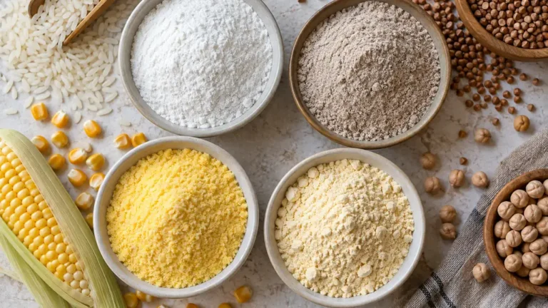 Bols de farines de riz sarrasin maïs et pois chiche avec leurs grains