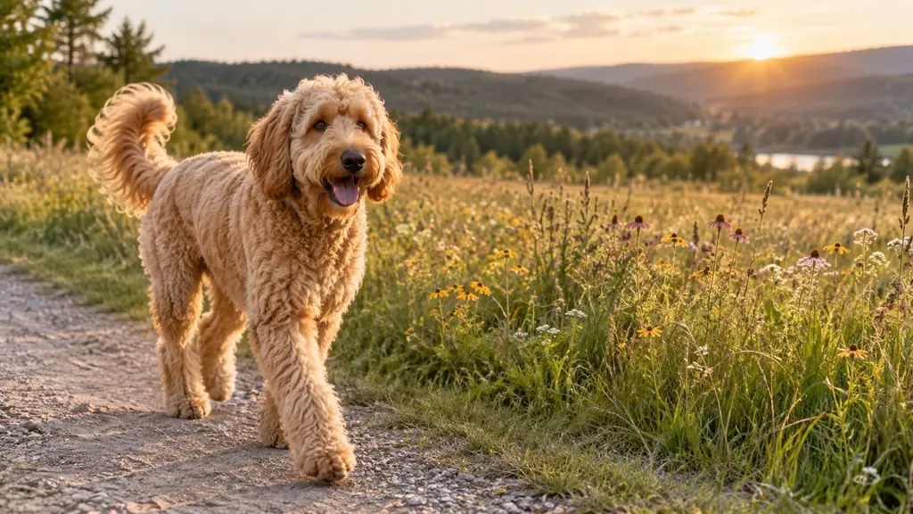 Goldendoodle adulte au pelage bouclé marchant dans une prairie