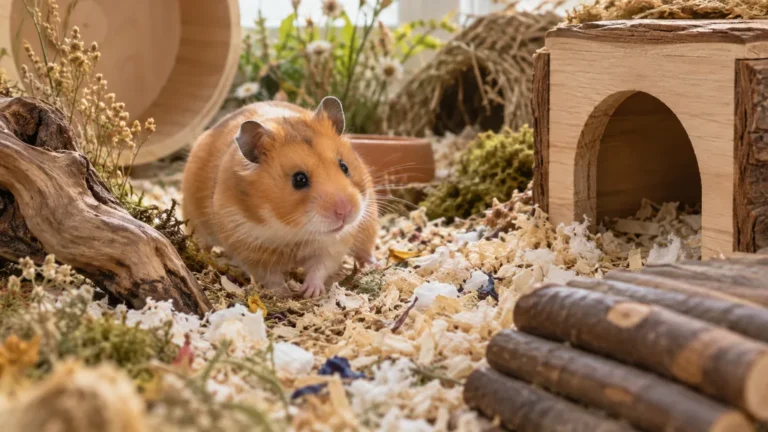 Hamster doré explorant un habitat spacieux avec litière profonde et abri en bois