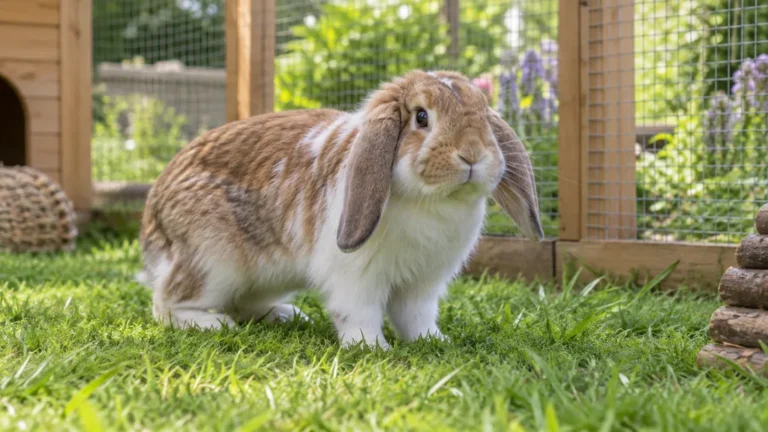 Lapin bélier brun et blanc dans un grand enclos extérieur sécurisé
