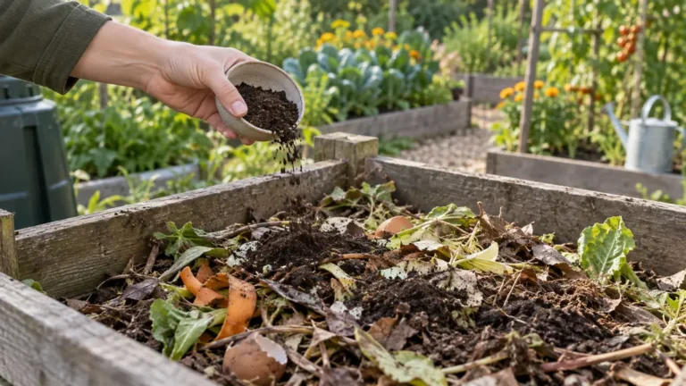 Petite quantité de marc de café ajoutée à un compost dans un potager