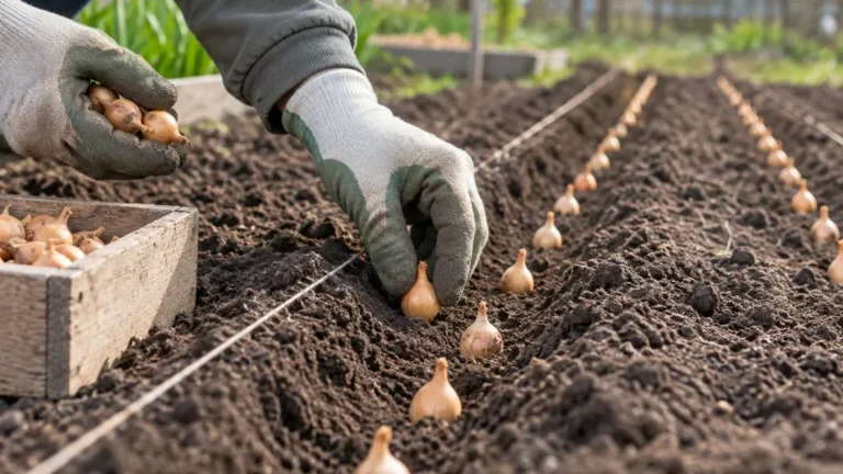 Bulbilles d’oignons plantés en rangs dans une terre de potager préparée