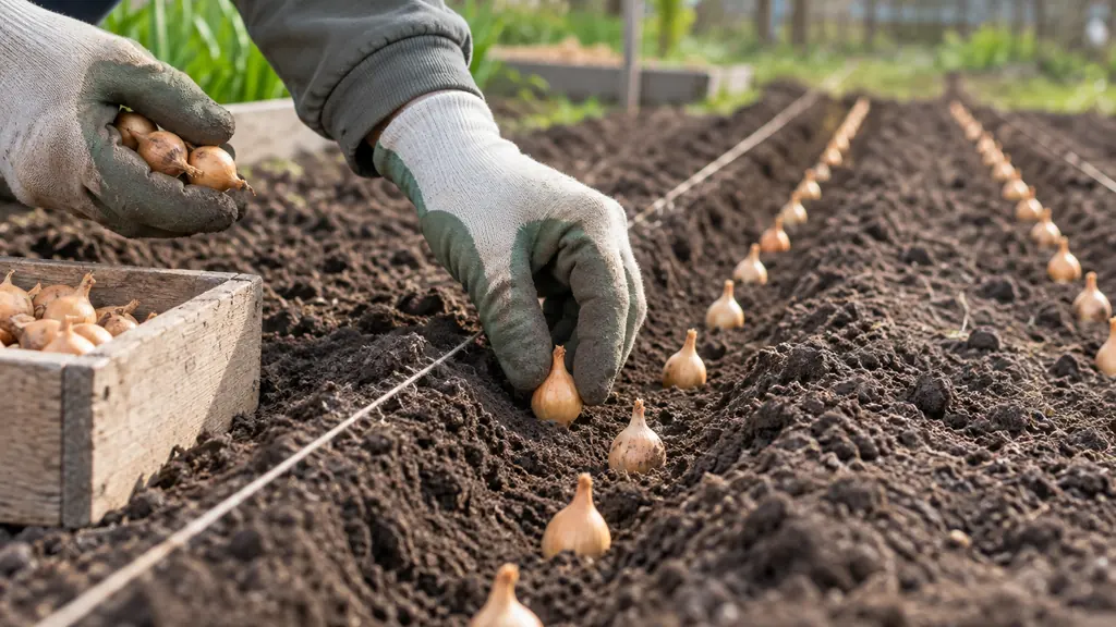 Bulbilles d’oignons plantés en rangs dans une terre de potager préparée
