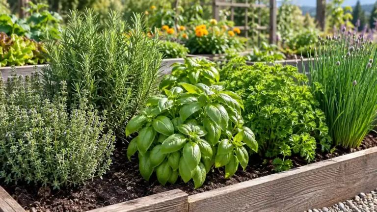 Carré d’herbes aromatiques avec thym romarin basilic persil et ciboulette