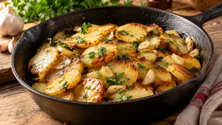 Pommes de terre sarladaises dorées à l’ail et au persil dans une poêle