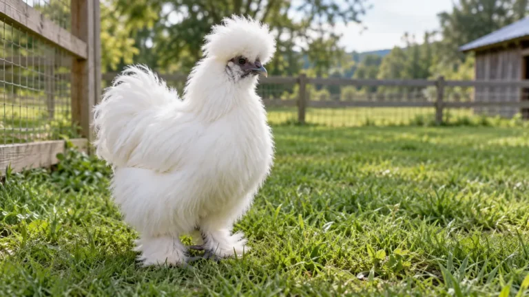 Poule de Soie blanche dans un enclos herbeux sécurisé