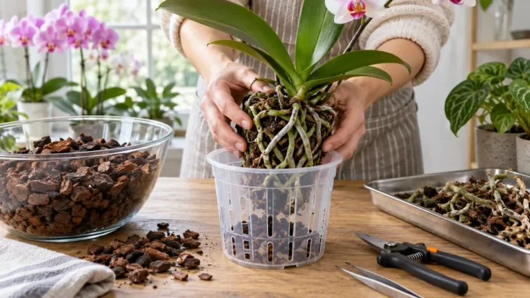 Rempotage d’une orchidée Phalaenopsis dans un pot transparent avec substrat d’écorces