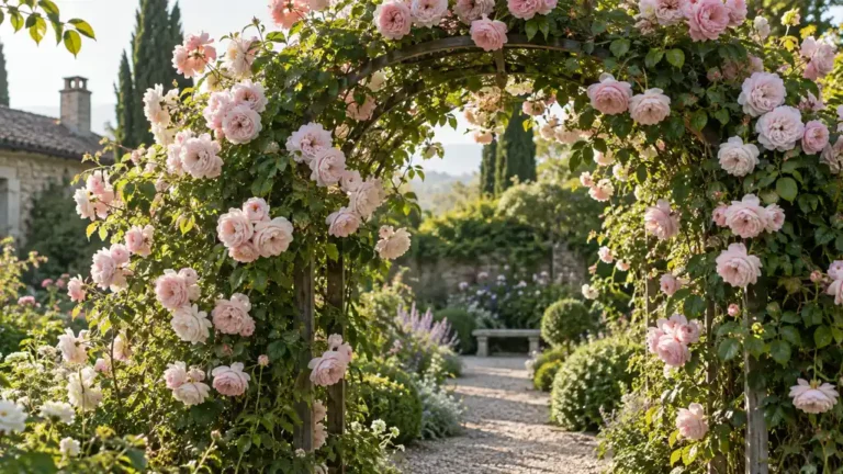 Rosier grimpant couvert de fleurs rose pâle sur une arche de jardin