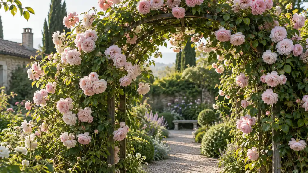 Rosier grimpant couvert de fleurs rose pâle sur une arche de jardin