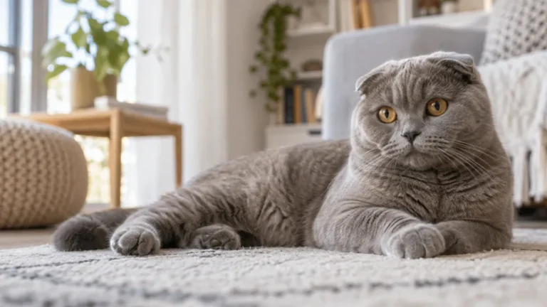 Scottish Fold gris allongé dans un intérieur lumineux