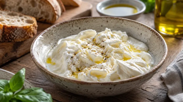 Stracciatella italienne crémeuse servie dans un bol avec pain et huile d’olive