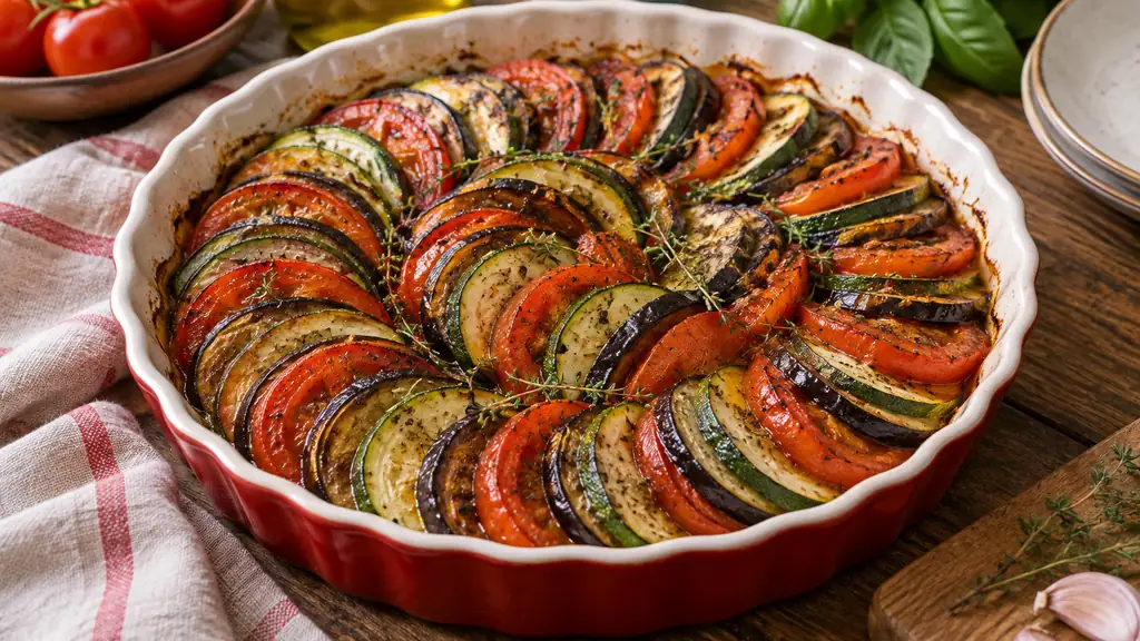 Tian de légumes coloré aux courgettes aubergines et tomates dans un plat en céramique