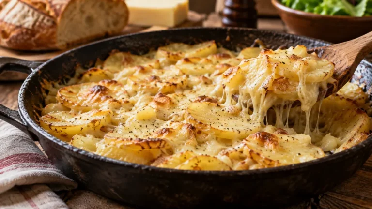 Truffade auvergnate aux pommes de terre et fromage fondu dans une poêle