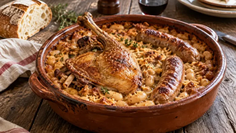 Cassoulet gratiné aux haricots blancs, saucisse et confit de canard