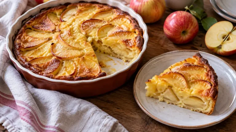 Flognarde aux pommes dorée avec une part découpée