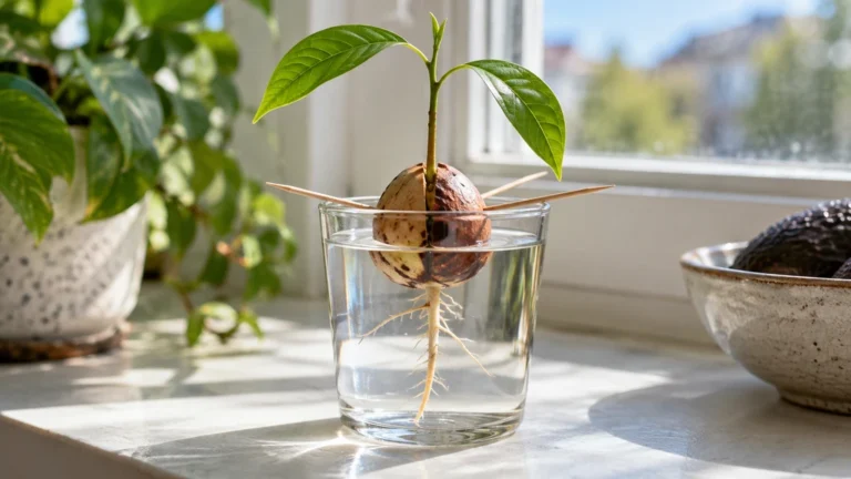 Un noyau d’avocat germé dans un verre d’eau