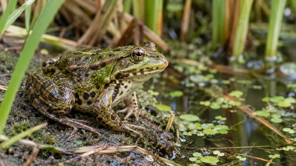 Une grenouille verte posée au bord d’une mare