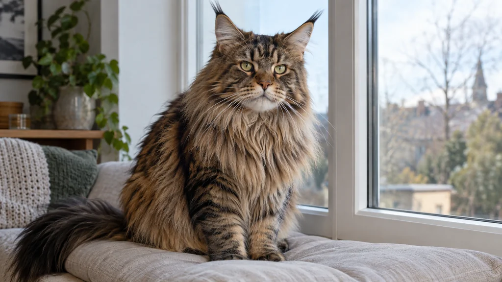Un Maine Coon au pelage tigré installé près d’une fenêtre