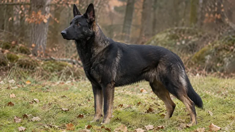 Un chien de type berger à robe sombre et aux oreilles dressées