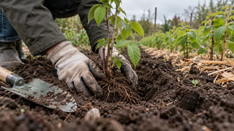Une personne plantant un jeune framboisier au jardin