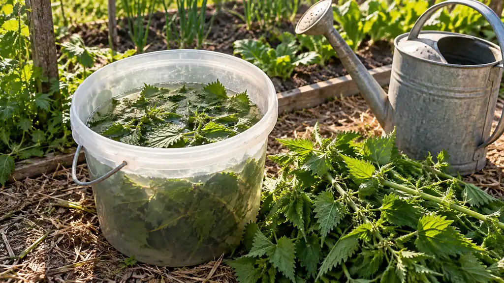Orties fraîches à côté d’un seau et d’un arrosoir au potager