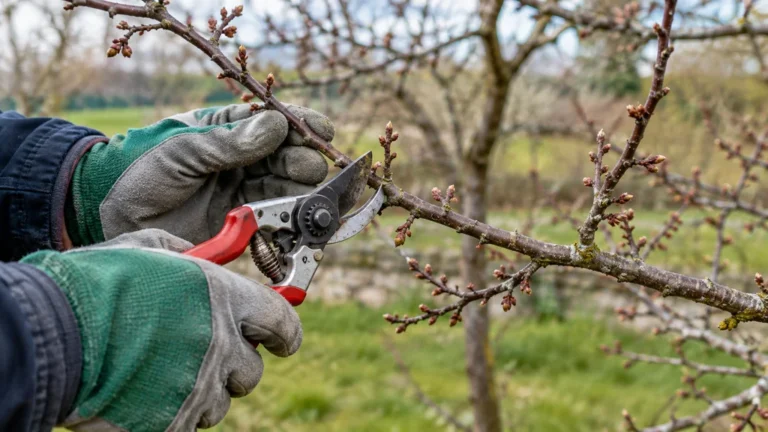 Des mains tenant un sécateur près d’une branche de prunier